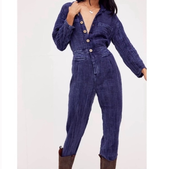 Free People Madrid Double Cloth Gauzy Jumpsuit in Indigo Blue Sz XS - Picture 1 of 9